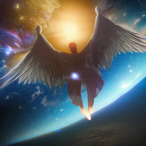 Image similar to a giant angel holding the world in the palm of its hand standing in front of the galaxy, 4 k, unreal engine 6, ultra realistic, coherent,