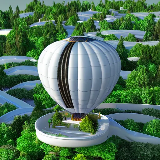 Image similar to futuristic hot air balloon house, ultra realistic, intricate details, highly detailed, photorealistic, 8 k, vegetation, water