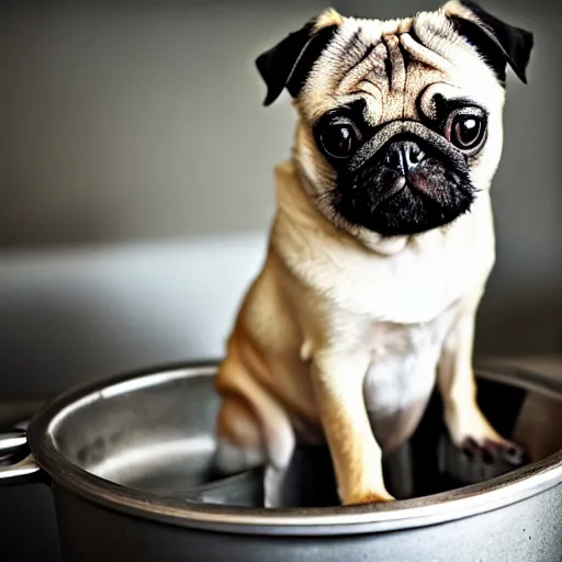 Image similar to An adorable pug sitting in a pot of water atop a stove, high resolution photograph