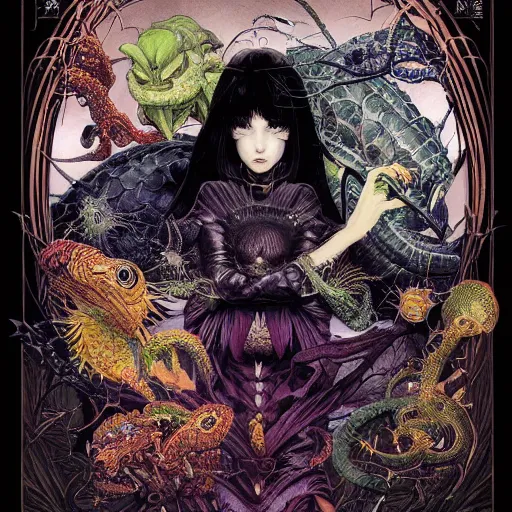 Image similar to portrait of crazy dark girl with reptiles, symmetrical, by yoichi hatakenaka, masamune shirow, josan gonzales and dan mumford, ayami kojima, takato yamamoto, barclay shaw, karol bak, yukito kishiro