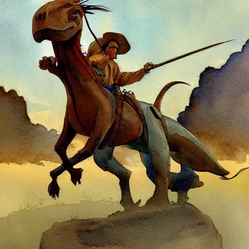 Image similar to a watercolor painting of a cowboy riding a dinosaur in the style of n. c. wyeth and in the style of james gurney.