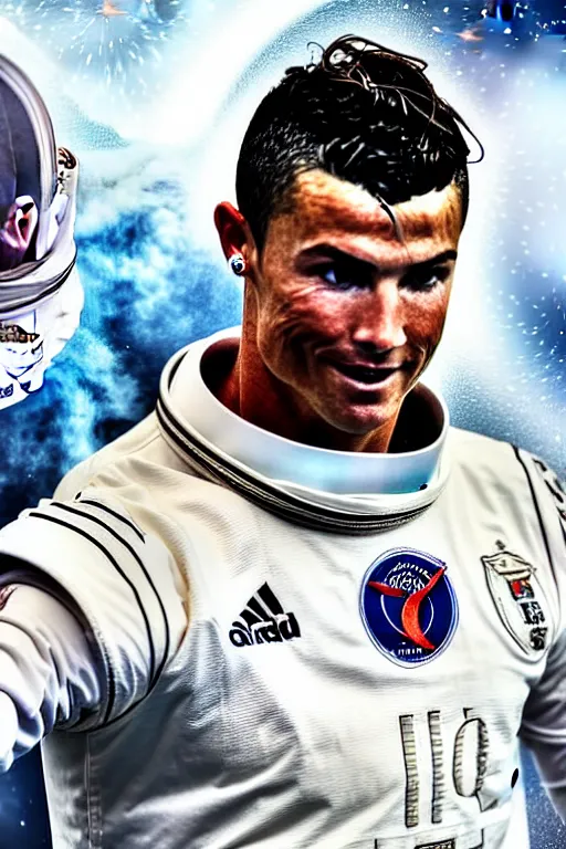 Image similar to portrait of cristiano ronaldo with astronaut armor and helmet, majestic, solemn