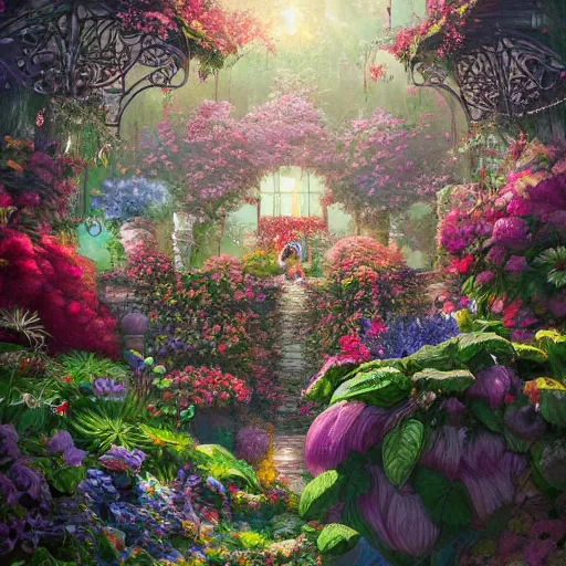 Image similar to beautiful fantasy english mansion flower garden, saturated, detailed lighting, high quality, sharp focus, intricate, digital painting, artstation, 4k by James Jean and Ross Tran