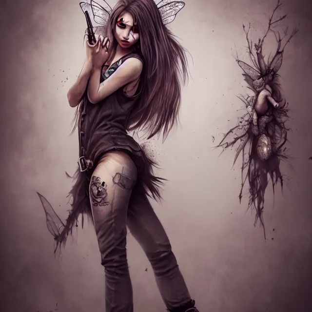 Image similar to full body pose, beautiful adult anarchy fairy, dirty, grungy, grunge, overalls, highly detailed, 4 k, hdr, smooth, sharp focus, high resolution, award - winning photo, artgerm, photorealistic