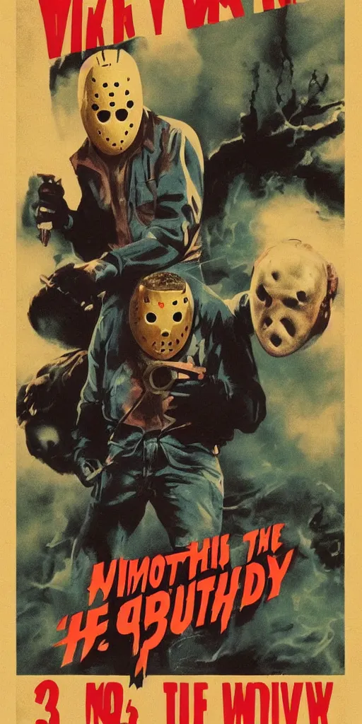 Image similar to vintage friday the 1 3 th movie poster, cinematic lighting, vivid vintage coloring