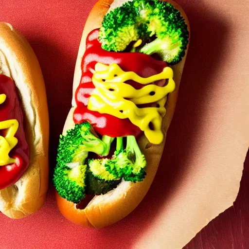 Image similar to promotional photo of a delicious hot dog with broccoli, ketchup and mustard, detailed, uhd, 8k,