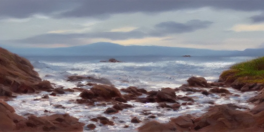 Image similar to rocky seashore, dawn, countryside, peter sculthorpe, painting, artstation