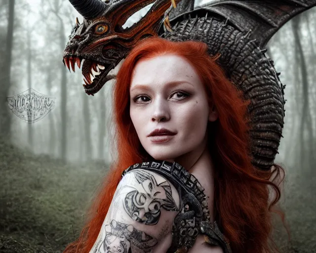 Image similar to 5 5 mm portrait photo of an armored gorgeous anesthetic redhead woman warrior with a face tattoo and horns growing from her head, and small dragon sitting on her shoulder in a magical forest in the style of stefan kostic, art by luis royo. highly detailed 8 k. intricate. lifelike. soft light. nikon d 8 5 0. cinematic post - processing