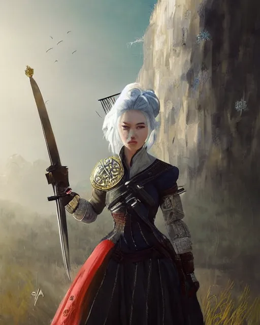 Image similar to Zhang Ziyi as Ciri from Witcher 3 by Artgerm and Greg Rutkowski, wearing haute couture by schiaparelli, sharp focus, sun rays, intricate, elegant, highly detailed, digital painting, masterpiece.