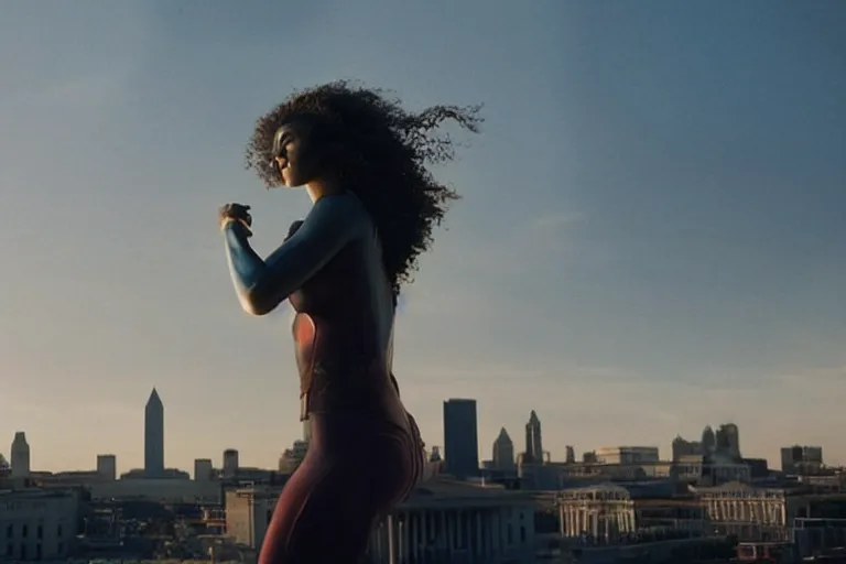 Image similar to VFX movie still frame portrait beautiful DC vs. Marvel hero woman natural skin, hero pose, natural evening light in the city by Emmanuel Lubezki