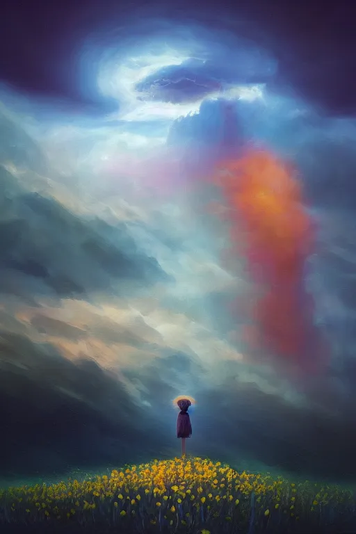 Image similar to closeup giant dahlia flower as the head, girl standing on mountain, surreal photography, blue storm clouds, dramatic light, impressionist painting, digital painting, artstation, simon stalenhag