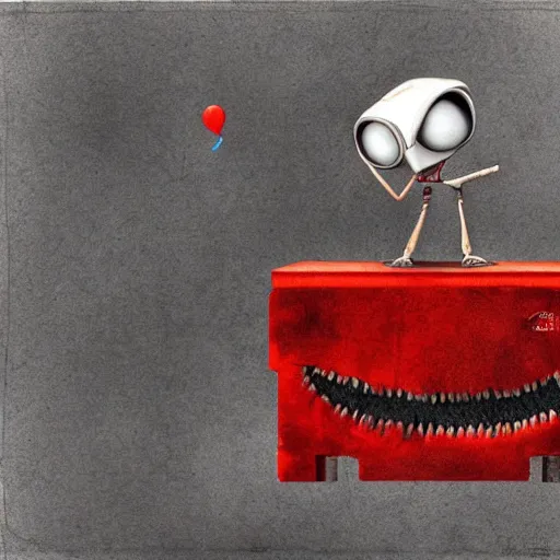 Image similar to surrealism grunge cartoon portrait sketch of wall-e with a wide smile and a red balloon by - michael karcz, loony toons style, wall-e style, horror theme, detailed, elegant, intricate