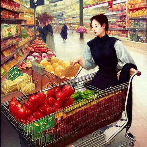 Image similar to buying groceries, by wlop, artgerm, elvgren, mucha