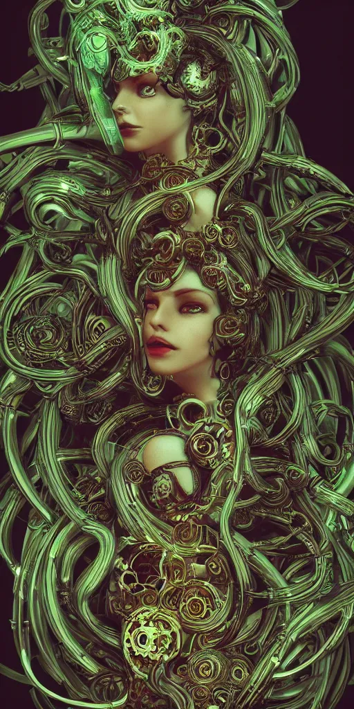 Image similar to Cyberpunk medusa, dark atmosphere, cinematic shot, intricate, ornate, photorealistic, ultra detailed, realistic, 35mm, photography, neon, octane, high definition, depth of field, bokeh, 8k, artstation, ((alphonse mucha))