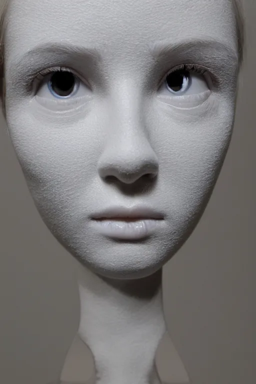 Image similar to full head and shoulders, beautiful porcelain female person, smooth, delicate facial features, lots of realistic, detailed eyeballs all over the face, white lashes, by daniel arsham and james jean