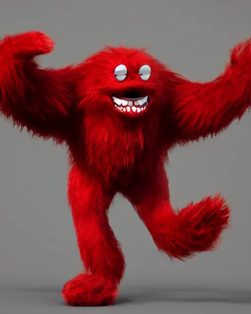 Image similar to 3 d render of completely red hairy friendly creature smiling wearing chrome shades, full body, simple, cute, white background, unreal engine 5 hdr