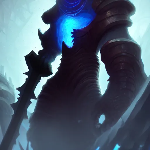 Prompt: Portrait of a Giant (Sentinal) holding the (blade) of the ruined king, digital illustration, (ruins), glow in the dark, (ethereal), the (void,) ominous, fear, very detailed, trending on artstation, high definition, by Riot Games, League of legends