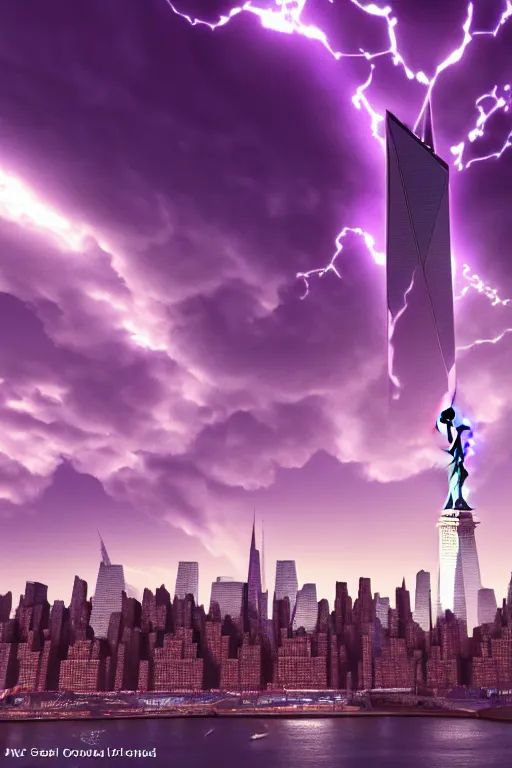 Prompt: of a futuristic photo - realistic new york city with mirrored windows in a shiny crystalline cave : 4, the statue of liberty : 2, highly symmetrical, balanced, purple lightning clouds : 3, octane render, clouds : 2, violet sun : 4, in the style of sahm : 3, hd, ultra - realistic, in unreal engine