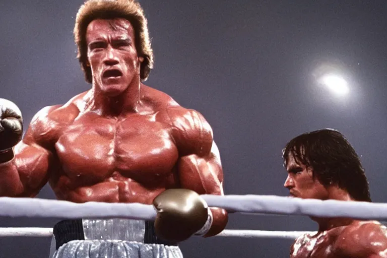 Prompt: film still of Arnold Schwarzenegger as Rocky in Rocky II, 8k,