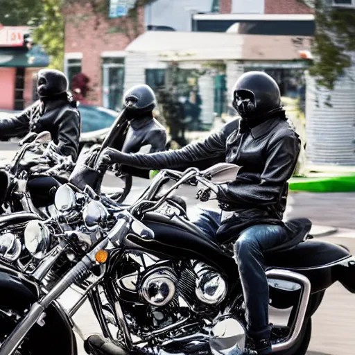 Image similar to Kermit the frog riding a Harley Davidson motorcycle in a leather jacket in a motorcycle gang 4k photo