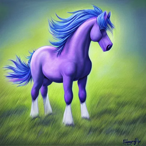 Prompt: a blue realistic pony with purple hair standing in the grass, an ultrafine detailed painting by muggur, featured on deviantart, brony art, flat shading, angular, booru