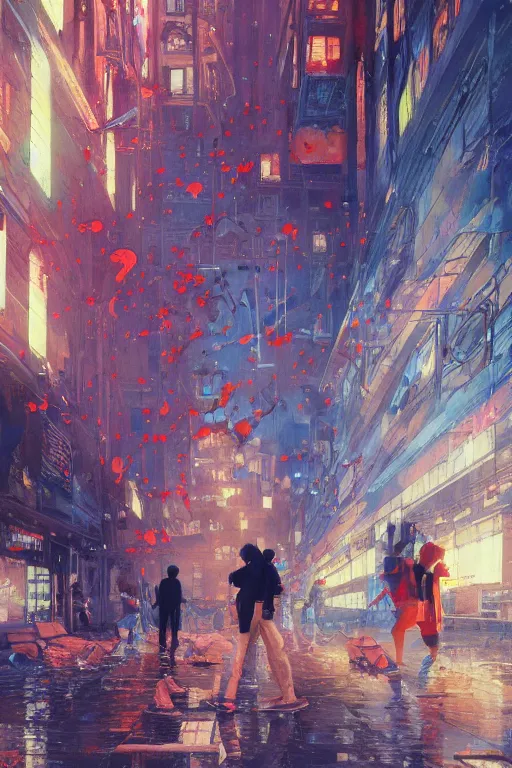 Image similar to people in a busy city people surrounded by 3d graffiti paint dripping down to the floor, hiroshi yoshida, painterly, yoshitaka Amano, artgerm, moebius, loish, painterly, and james jean, illustration, sunset lighting