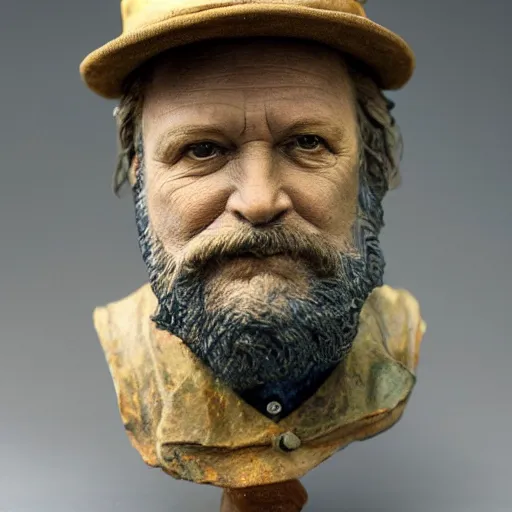 Image similar to hyper realistic closeup bust of a new england fisherman, the dude, painted, colorized, bossons vintage chalkware, by emile renouf