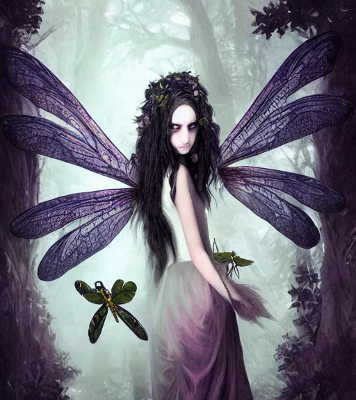 Prompt: gothic fairy with dragonfly wings, digital painting, liminal eerie midnight backlit, a picture taken by Michael Komarck and Daniel Ljunggren