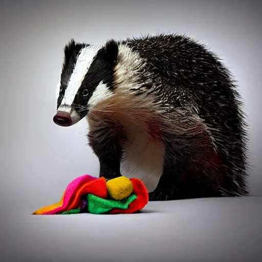 Prompt: angry badger viciously ripping apart a colorful wool sock, digital photography, HDR