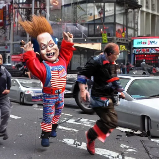 Prompt: giant chucky doll attacking new york city and causing destruction, people running in terror