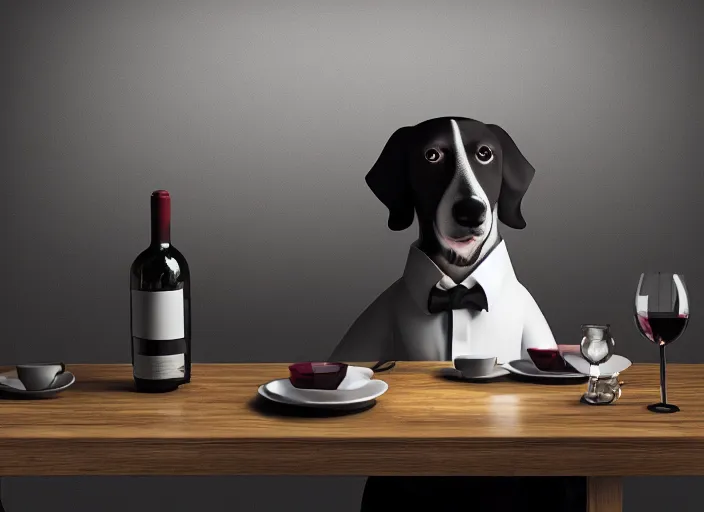 Prompt: a portait picture of a dog wearing a formal suit near a table with a cup of wine, concept art, octane render, unreal engine 5, 4K, symmetrical, low contrast, serene landscape, calm, relaxing, high quality, highly detailed, high coherence, path tracing, natural light, trending on DeviantArt