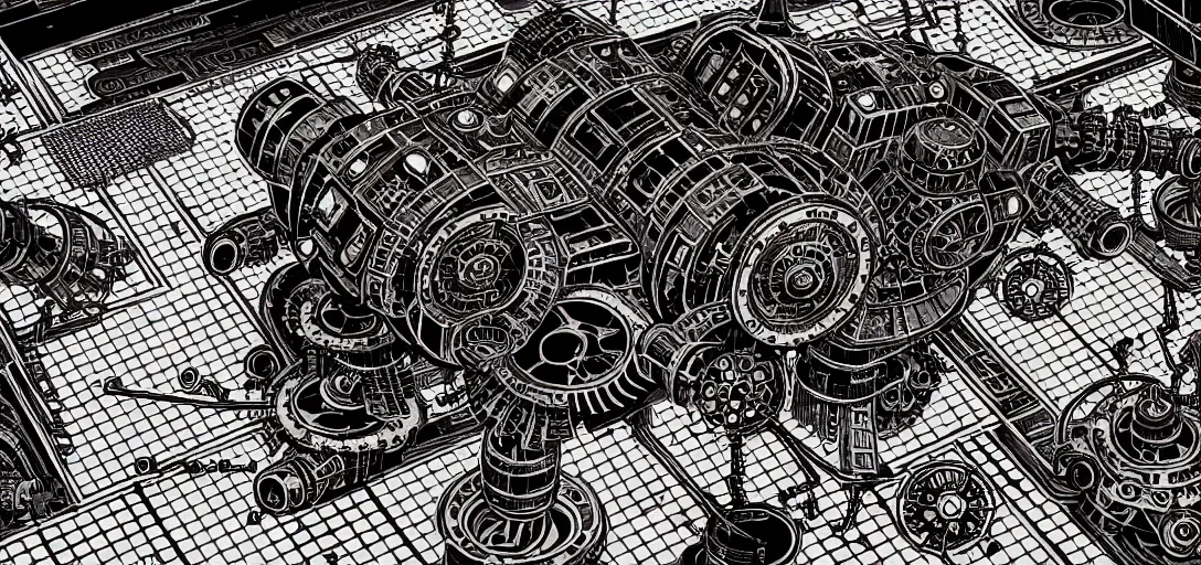 Prompt: steampunk mech tiled floor, one point perspective, high details, line art, by vincent di fate and joe fenton, inking, screen print, masterpiece, trending on artstation, sharp,, hyper - detailed, hd, 4 k, 8 k