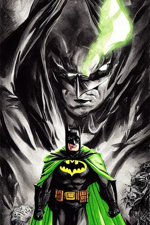 Image similar to angry batman, with dark ghost smokes around, green scary lights, illustration, jason fabok, jim lee, mark brooks, alex ross style, dark fantasy color scheme, cinematic, mysterious, artgem