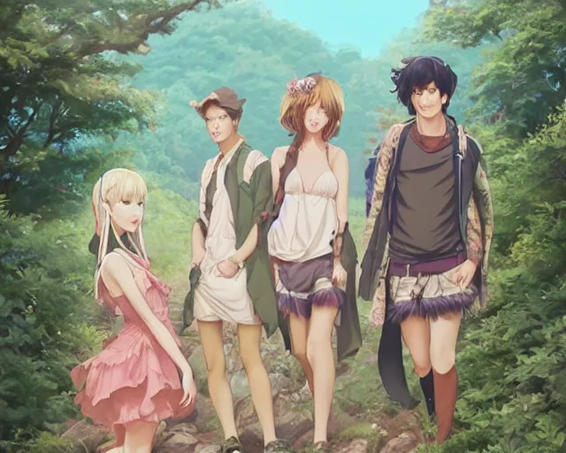 Prompt: a cinematic boy girl traditional romance moment of a group of university friends dressed as different animals hiking wearing boho clothing and peonies, full body illustration,bestselling movie art poster, official media, 1970s fashion, official anime media, incredible art by artgerm and greg rutkowski and doja cat