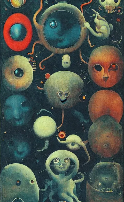 Image similar to a new small cute creature from space cosmic multiple eyes a bit weird cosmic with an intriguing wonderful machine beside him, tarot card, beautiful frames, Leonora Carrington moebius Hieronymus Bosch Max Ernst dali Zdzisaw Beksiñski Roland Topor Henryk Plociennik