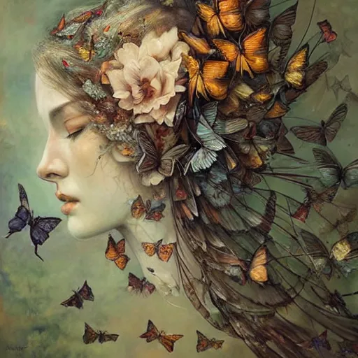 Prompt: a chaotic whirlwind of birds and butterflies and bees, intricate details, aesthetically pleasing and harmonious natural colors, art by marco mazzoni, impressionism, detailed, dark, wind