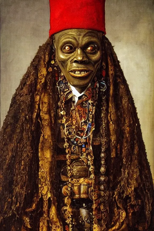 Image similar to portrait of baron samedi, oil painting by jan van eyck, northern renaissance art, oil on canvas, wet - on - wet technique, realistic, expressive emotions, intricate textures, illusionistic detail