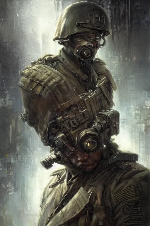 Image similar to a world war 2 cyberpunk soldier, upper body, highly detailed, intricate, sharp details, dystopian mood, sci-fi character portrait by gaston bussiere, craig mullins, inspired by graphic novel cover art