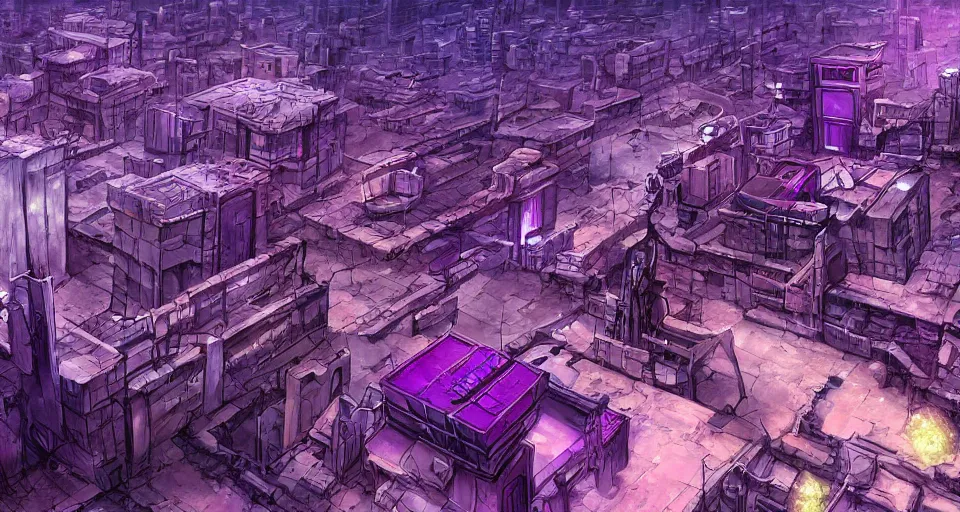 Image similar to Sci-fi wallpaper of an alley in a desert city, view from the top, purple color-theme, cinematic, science-fiction art wallpaper, stunning digital art