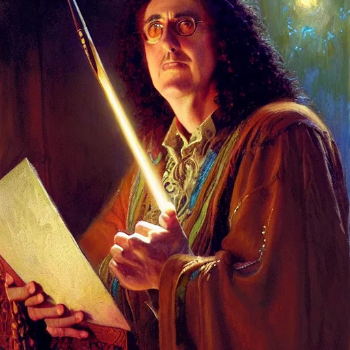 Image similar to weird al as a wizard casting a spell, highly detailed painting by gaston bussiere, craig mullins, j. c. leyendecker, 8 k