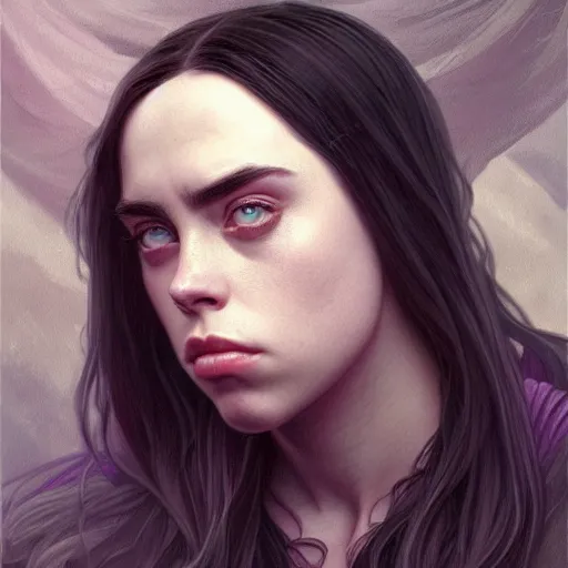 Prompt: portrait of billie eilish, muscular, upper body,big chest, D&D, fantasy, intricate, elegant, highly detailed, digital painting, artstation, concept art, matte, sharp focus, illustration, art by Artgerm and Greg Rutkowski and Alphonse Mucha