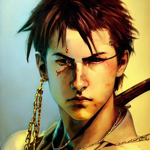 Image similar to portrait of a young white hero using his right arm to hold his sword covering his eye by yoji shinkawa, high quality, extra details, realism, ornate, colored, golden chain, blood, white skin, short hair, brown eyes, vivid, sunlight, dynamic, american man, freedom, white american soldier, painting, cybernetics, military