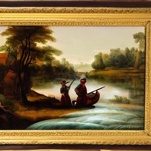 Prompt: colonial soldier crossing river boat landscape waves winter moonlight color oil painting in the style or raphael