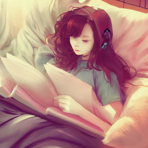 Prompt: lofi hiphop girl lying in bed studying listening to music by Wenqing Yan, WLOP, Zumidraws, OlchaS Logan cure liang Xing