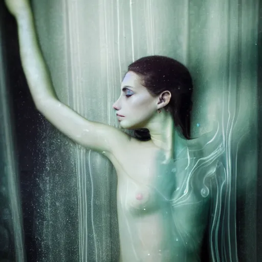 Prompt: beautiful female body silhouette, beautiful portrait, photography by amy leibowitz and filip fedorov, long sheer curtains, urban city photography, close up portrait, cinematic still, film still, magic hour, dark mood, cold colors, sony, kodak, long exposure, art noveau painting, liquid marble fluid painting, neon glow