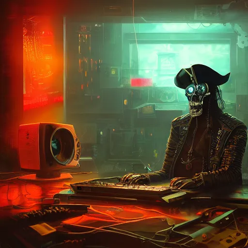 Image similar to a cyberpunk hacker pirate captain skeleton with a pirate hat sitting in front of a crt monitor programming in a dark room, light coming from crt monitor, highly detailed, intricate, digital art, trending on artstation, trending on cgsociety, by greg rutkowski