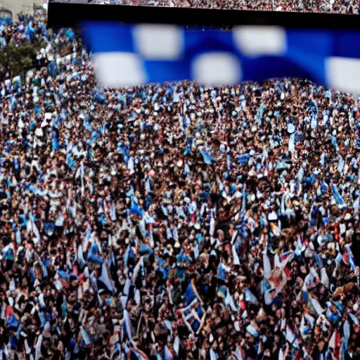 Image similar to Lady Gaga as president, Argentina presidential rally, Argentine flags behind, bokeh, giving a speech, detailed face, Argentina