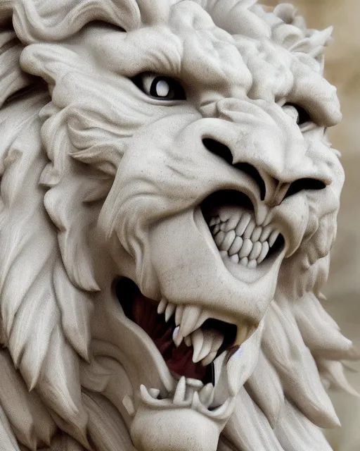 Image similar to a marble statue of a roaring lion, hyper realistic, 4 k, grainy marble, hyper detailed