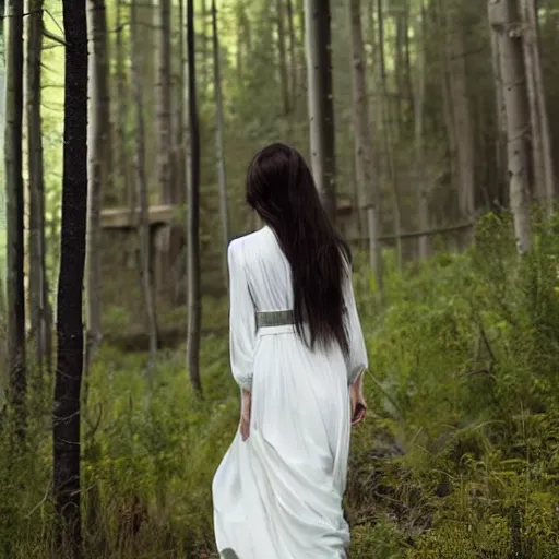 Image similar to woman with dark long hair in white dress, walking through aspen forest, jeremy lipking, joseph todorovitch