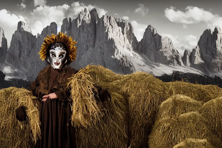 Prompt: portrait of a tyrolean folklore mask, dark, eerie , wearing hay coat, with horns, eerie, flowers growing out of his body, dolomites in the background, detailed intricate insanely detailed octane render, 8k artistic 1920s photography, photorealistic, chiaroscuro, by David Cronenberg, Raphael, Caravaggio